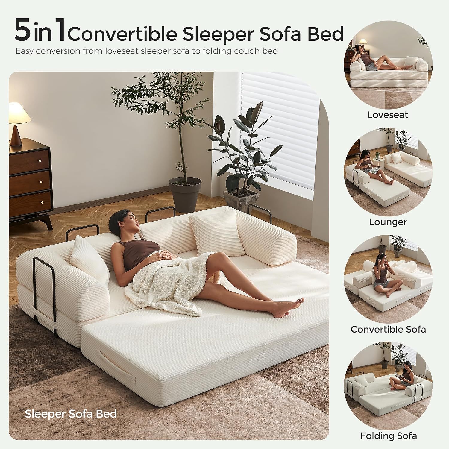 🛋️ Sofá Cama Convertible 79 Pulgadas, Diseño Deshuesado, Mueble Multifuncional para Sala de Estar, Colores Beige y Blanco