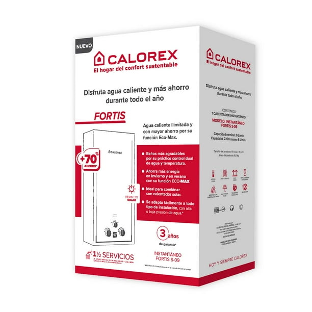 Calorex Boiler Calentador de Agua Instantaneo Fortis S 09 Para 1½ Servicios Gas LP