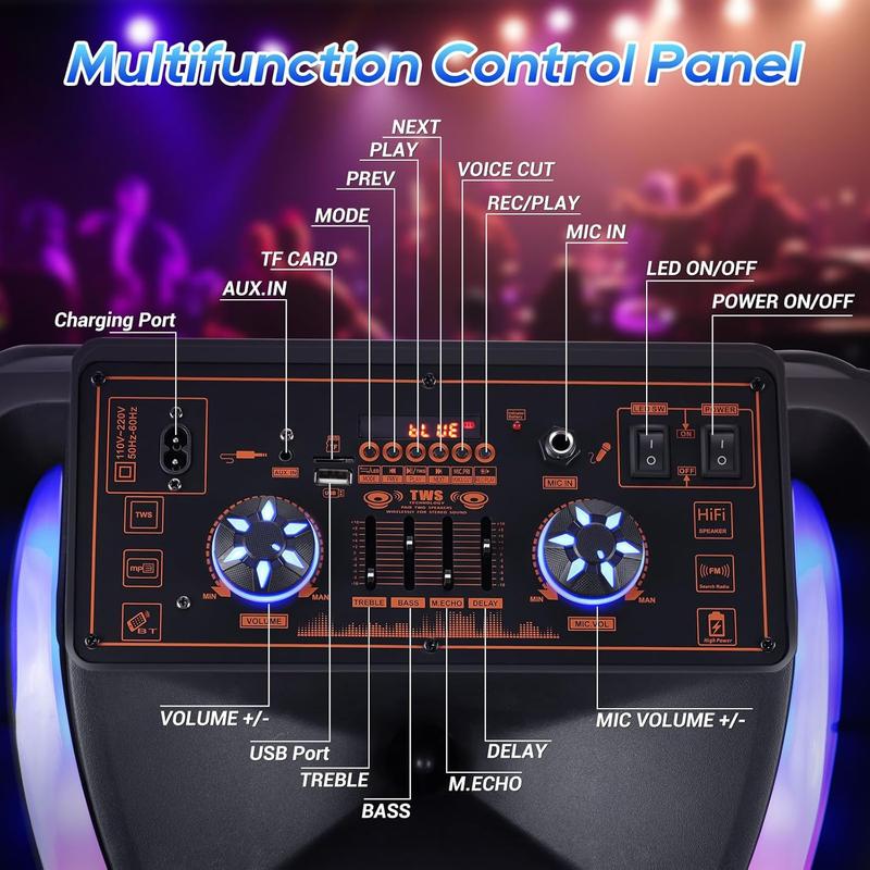 Sistema de altavoces para karaoke con doble woofer de 15 pulgadas — Altavoz portátil tipo "Party Box" con 2 micrófonos, Bluetooth inalámbrico, sonido estéreo, batería recargable, control remoto e iluminación LED.