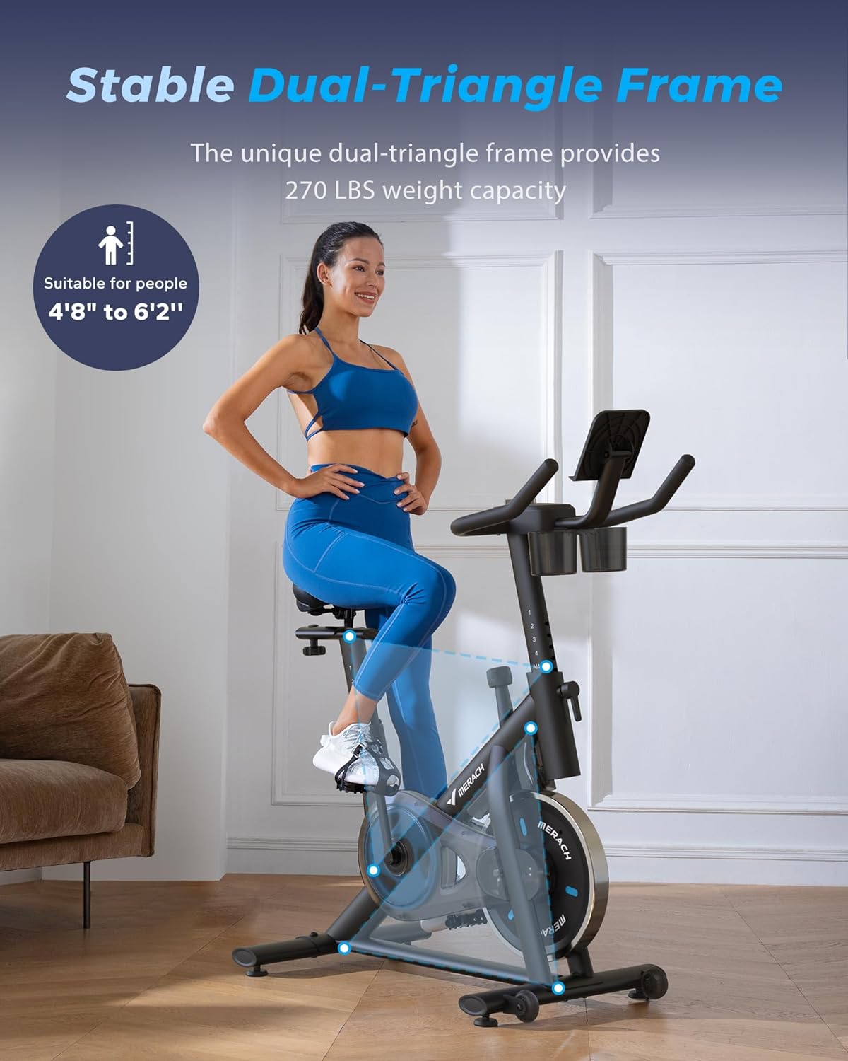 MERACH Bicicleta estática, pastillas de freno magnéticas/bicicleta estática con aplicación exclusiva, bicicleta de interior de bajo ruido, soporte de 270 lb