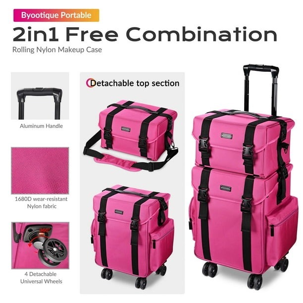 Byootique Deep Pink 2in1 Rolling Makeup Case Soft Sided Cosmetic Organizer 1680D Byootique Modern