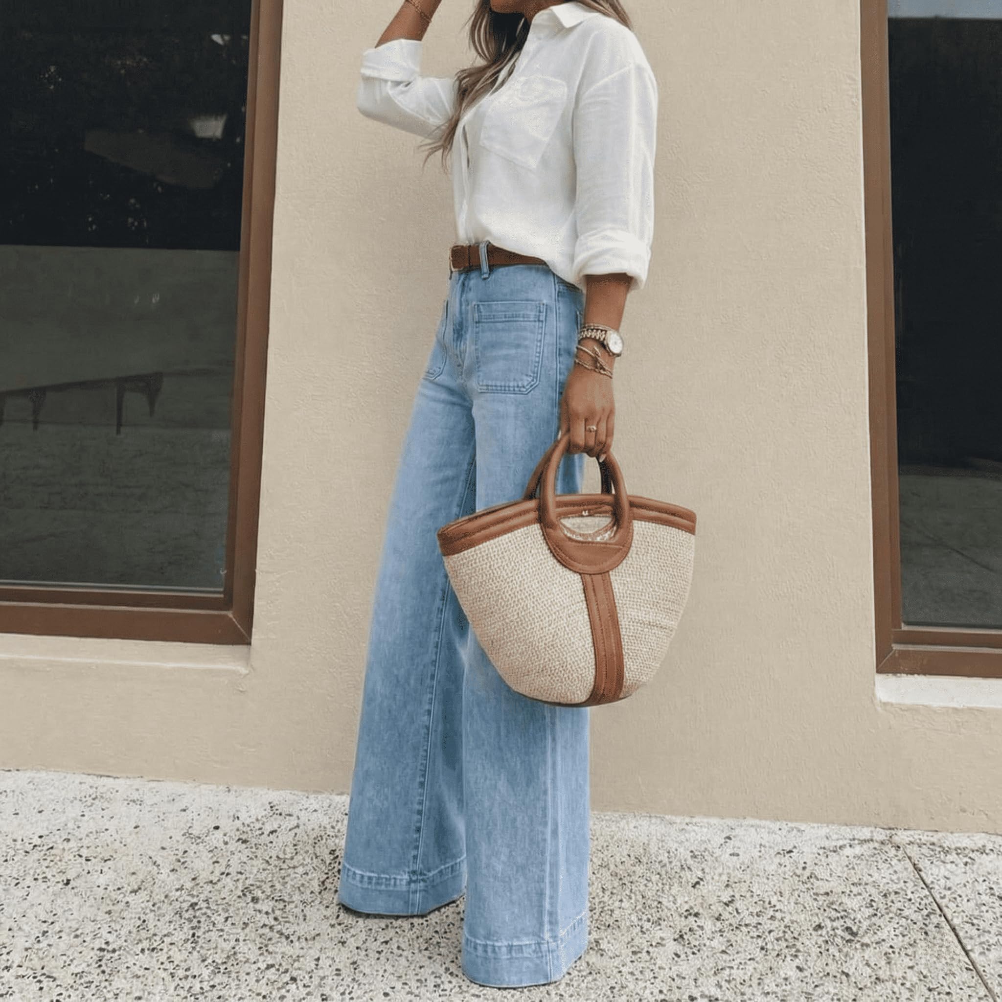 Jeans de Cintura Alta y Pierna Ancha con Bolsillos para Mujer