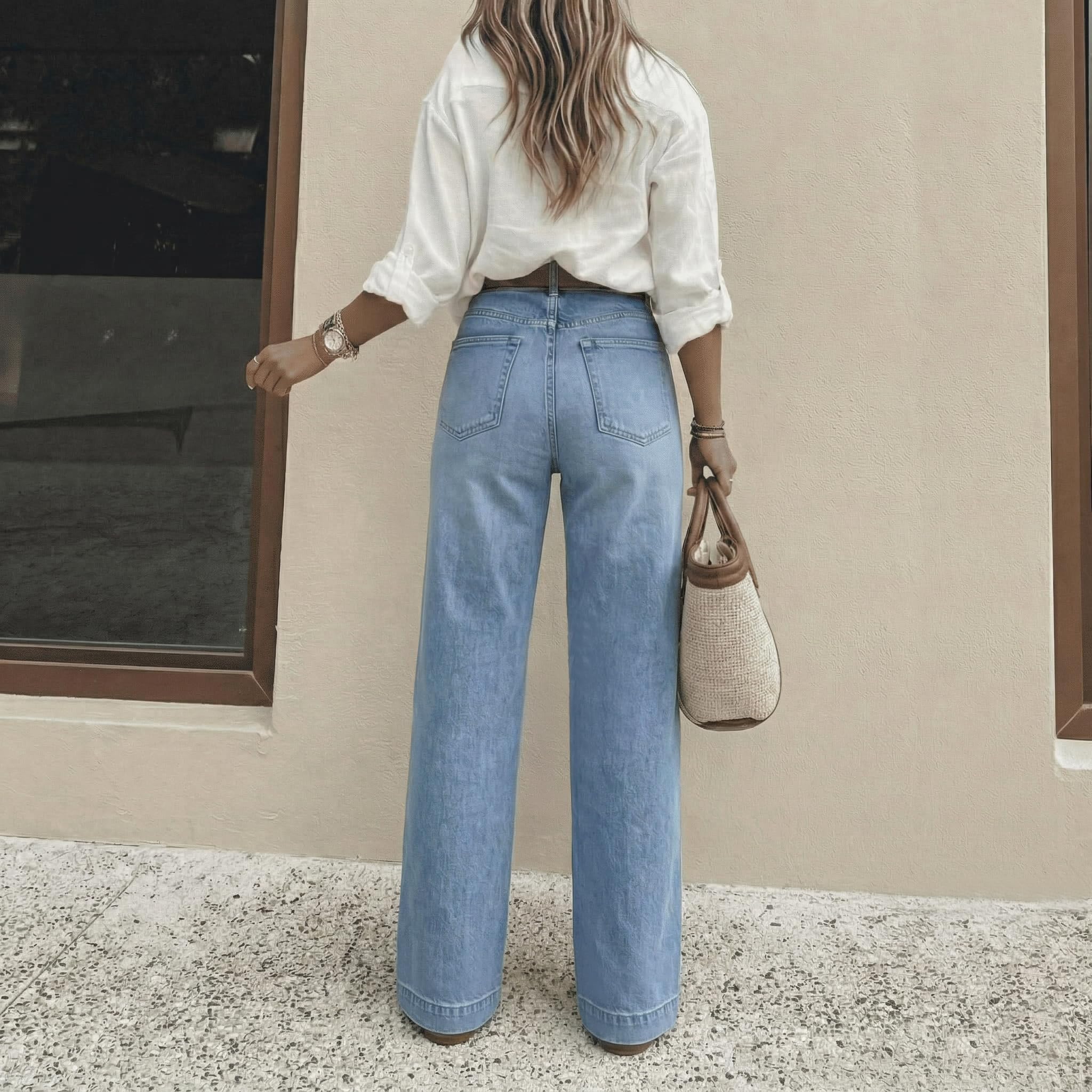 Jeans de Cintura Alta y Pierna Ancha con Bolsillos para Mujer