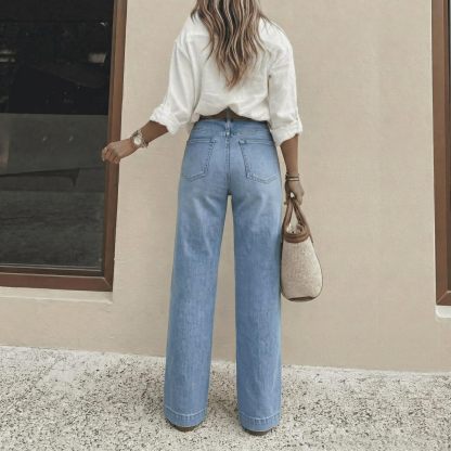 Jeans de Cintura Alta y Pierna Ancha con Bolsillos para Mujer
