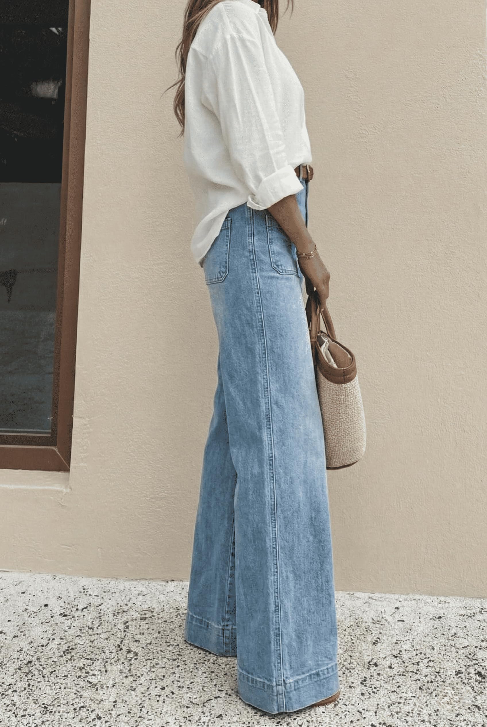 Jeans de Cintura Alta y Pierna Ancha con Bolsillos para Mujer
