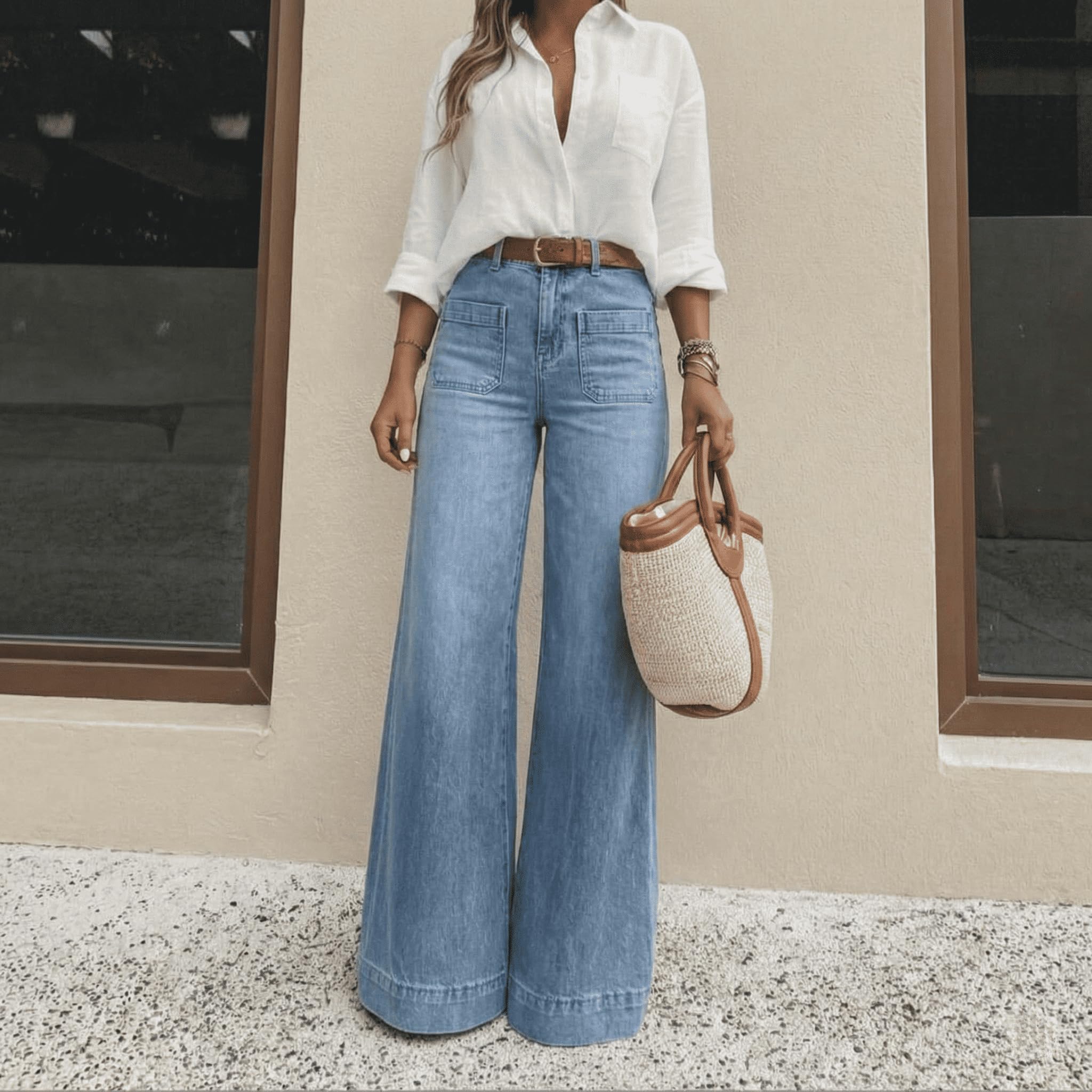 Jeans de Cintura Alta y Pierna Ancha con Bolsillos para Mujer