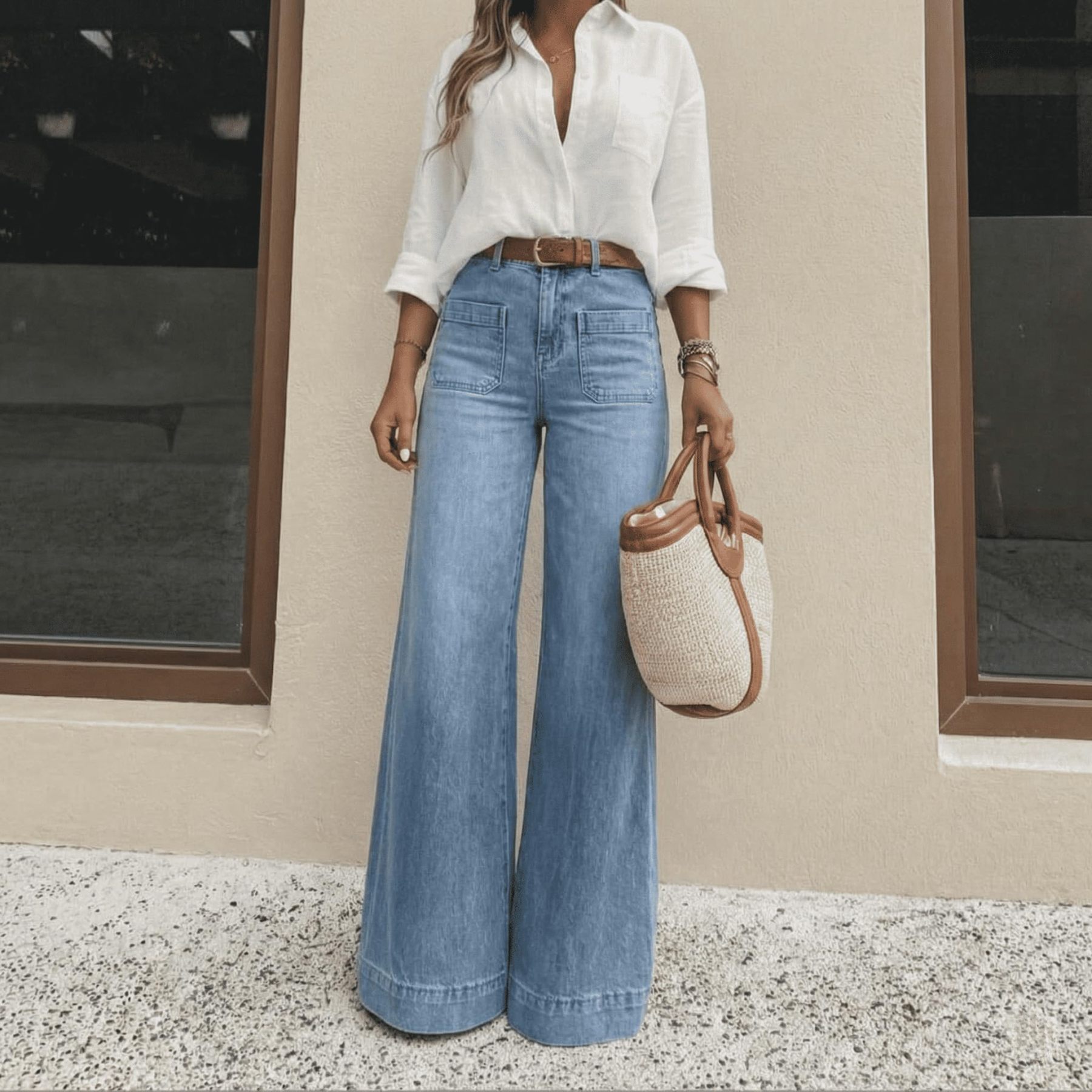 Jeans de Cintura Alta y Pierna Ancha con Bolsillos para Mujer