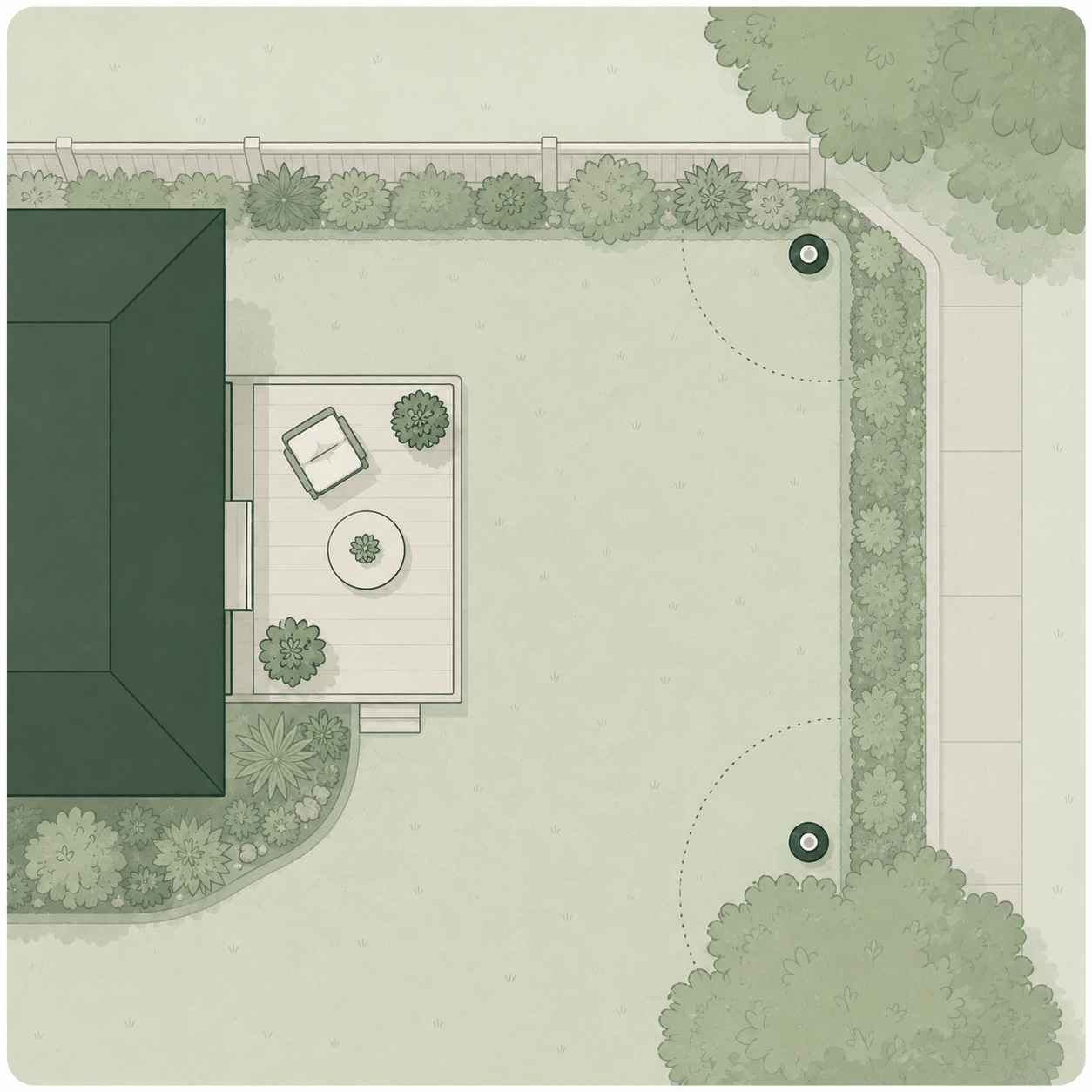 Overhead plan of a patio corner with two Stations and their coverage arcs