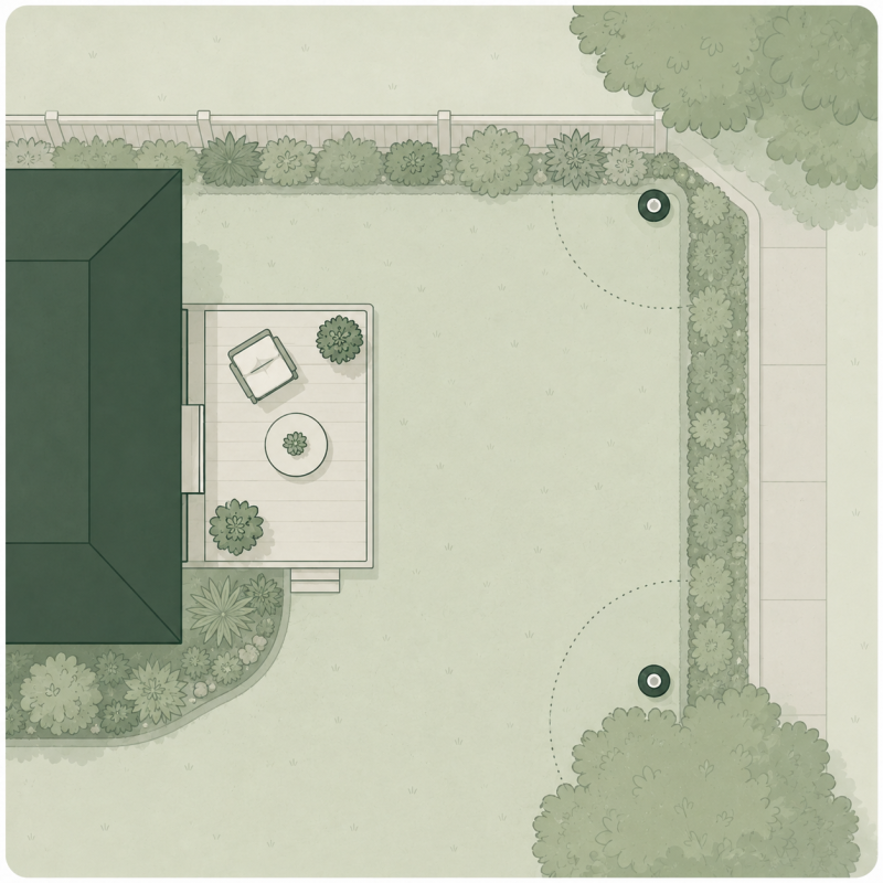 Overhead plan of a patio corner with two Stations and their coverage arcs