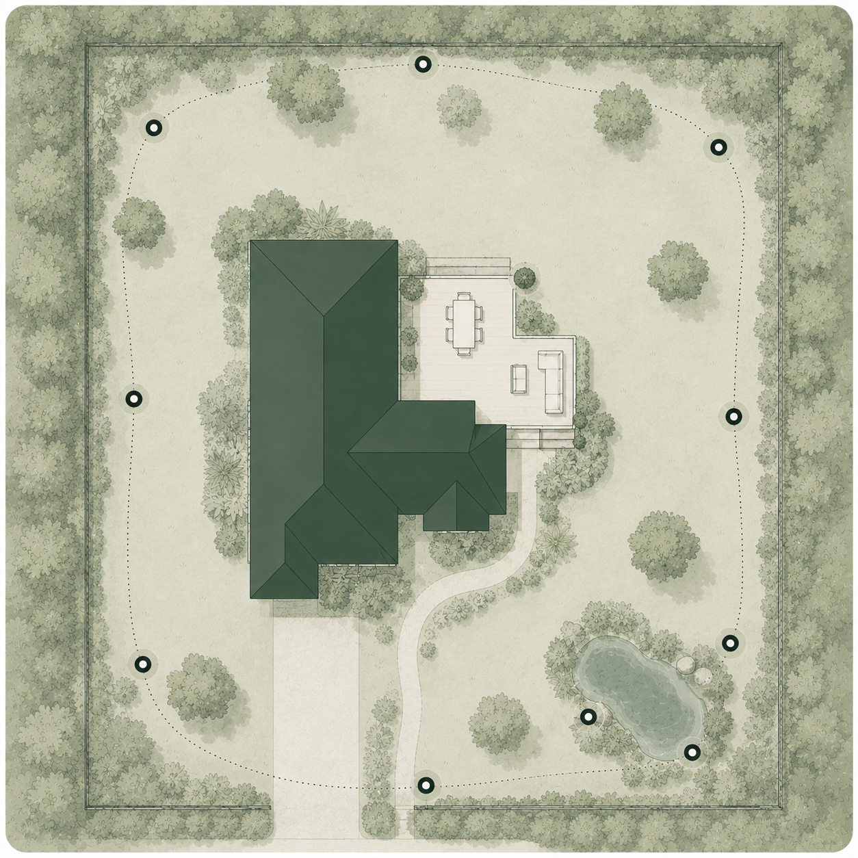 Overhead plan of a large property with a pond, ringed by ten Stations