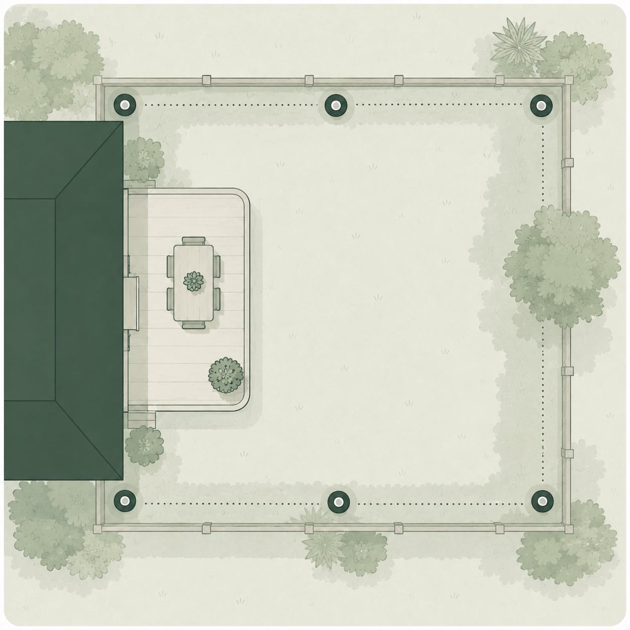 Overhead plan of a fenced yard with six Stations forming a perimeter
