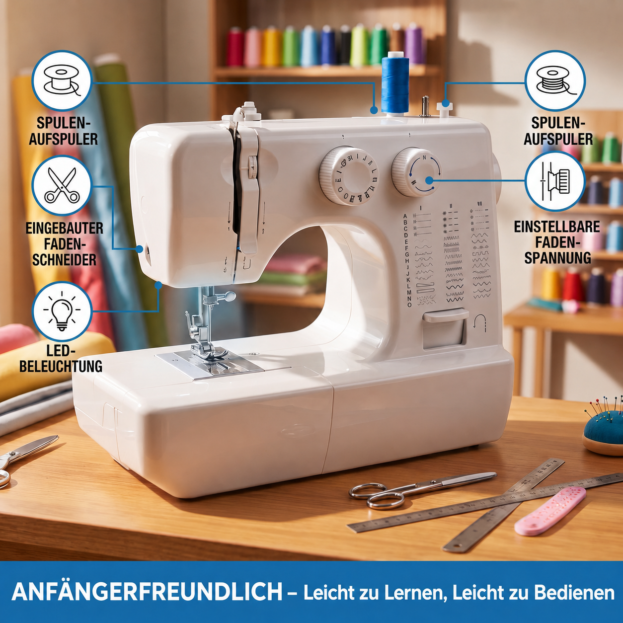 Multifunktionale Haushaltsnähmaschine mit Doppelfaden, Doppelnadel und 45 Stichprogrammen.