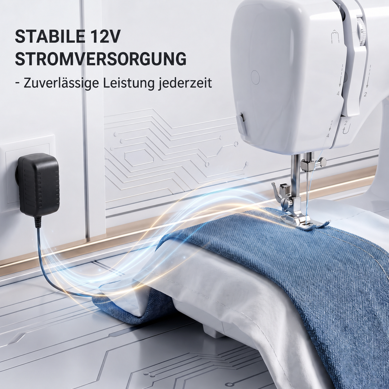 Multifunktionale Haushaltsnähmaschine mit Doppelfaden, Doppelnadel und 45 Stichprogrammen.