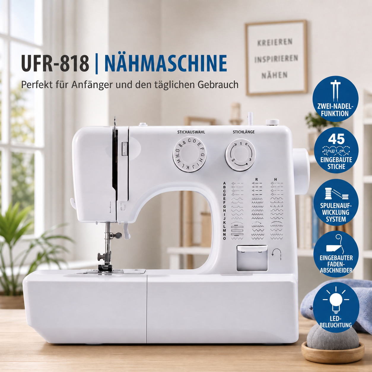 Multifunktionale Haushaltsnähmaschine mit Doppelfaden, Doppelnadel und 45 Stichprogrammen.