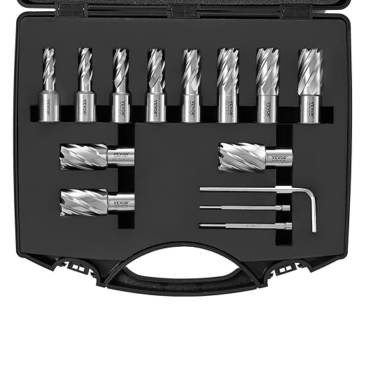 VEVOR Annular Cutter Set, 13 pcs Weldon Shank Mag Drill Bits, 1" Cutting Depth, 7/16" to 1-1/16" Cutting Diameter, M2AL HSS, 2 Pilot Pins, Hex Wrench and Portable Case, for Using with Magnetic Drills | 7/16" to 1-1/16" Cutting Diameter, M2AL HSS, with 2 Pilot Pins, Hex Wrench and Portable Case, for Using with Magnetic Drills