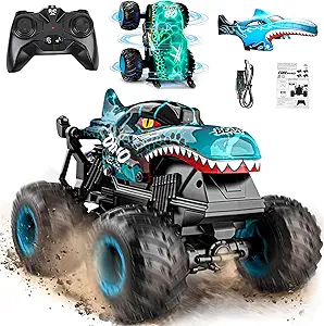 BEZGAR Monster Truck Toys, 1:20 Remote Control Car with Two Shell | Blue Dinosaur Toys, RC Truck with 360° Spins and Drifting, Toy Car Gifts for Boys with Light and Music, 20 Mins Battery Life