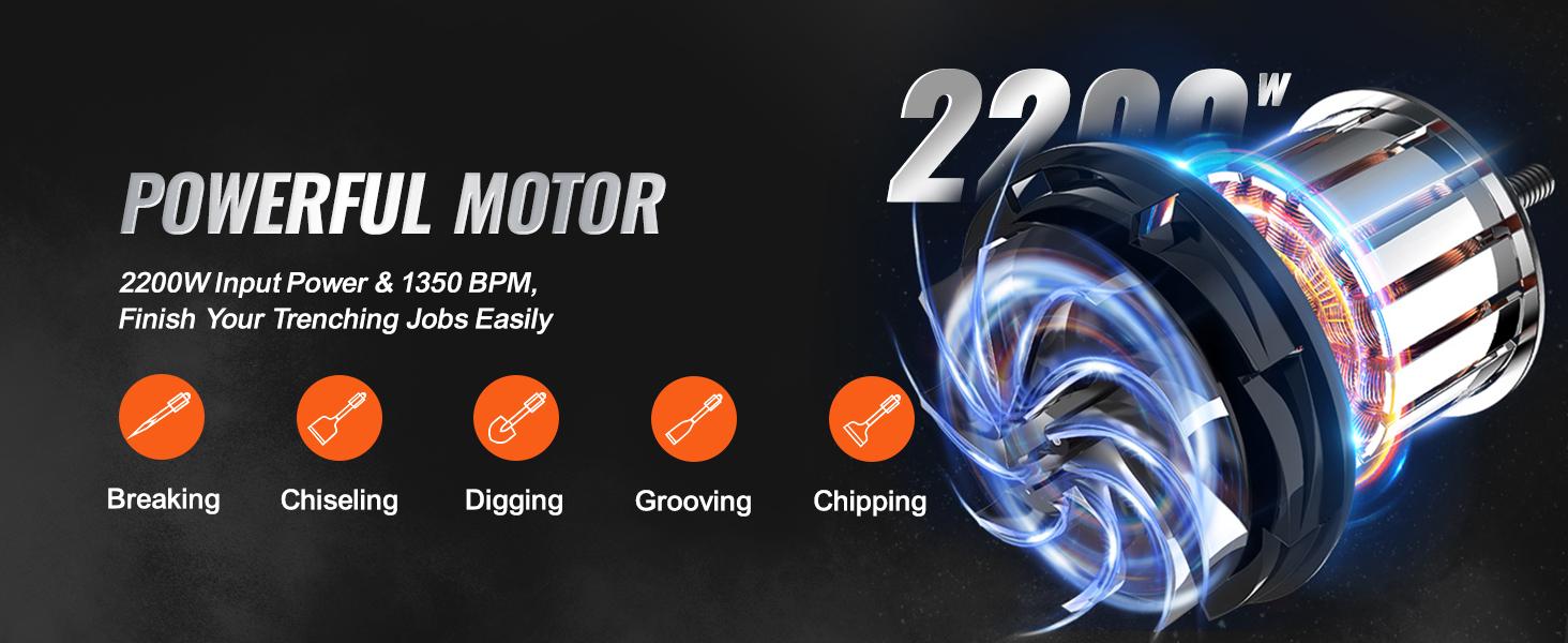 【Summerfinds】VEVOR Heavy Duty Demolition Jackhammer Electric Drill Tool Set - Aluminum Body, 2/4/6 Chisel Bits, 360&deg;C Swiveling Front Handle, Cooling System, for Construction Concrete Breaking, Included Gloves, Ideal for Chimney Work, 2000W Motor