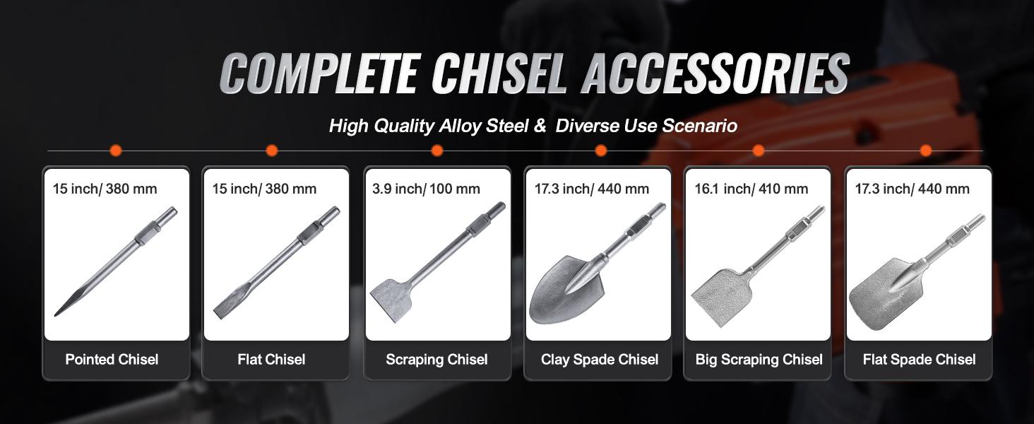 【Summerfinds】VEVOR Heavy Duty Demolition Jackhammer Electric Drill Tool Set - Aluminum Body, 2/4/6 Chisel Bits, 360&deg;C Swiveling Front Handle, Cooling System, for Construction Concrete Breaking, Included Gloves, Ideal for Chimney Work, 2000W Motor