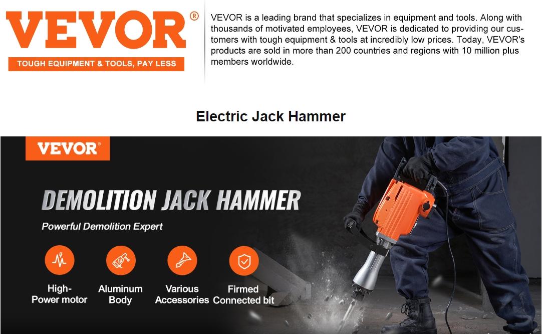 【Summerfinds】VEVOR Heavy Duty Demolition Jackhammer Electric Drill Tool Set - Aluminum Body, 2/4/6 Chisel Bits, 360&deg;C Swiveling Front Handle, Cooling System, for Construction Concrete Breaking, Included Gloves, Ideal for Chimney Work, 2000W Motor