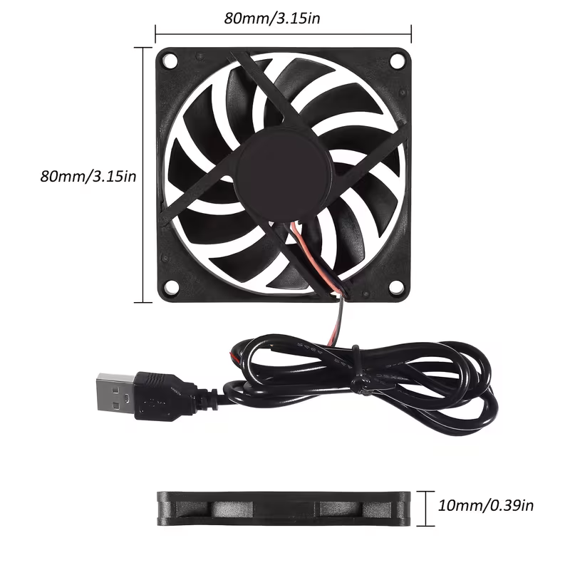 1个  5v usb无刷散热风扇，80mm x 80mm x 10mm，兼容pc、树莓派、散热器通风 商品详情 1