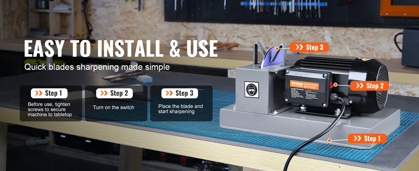 VEVOR lawn mower blade sharpener on a workbench with step-by-step instructions for easy installation.