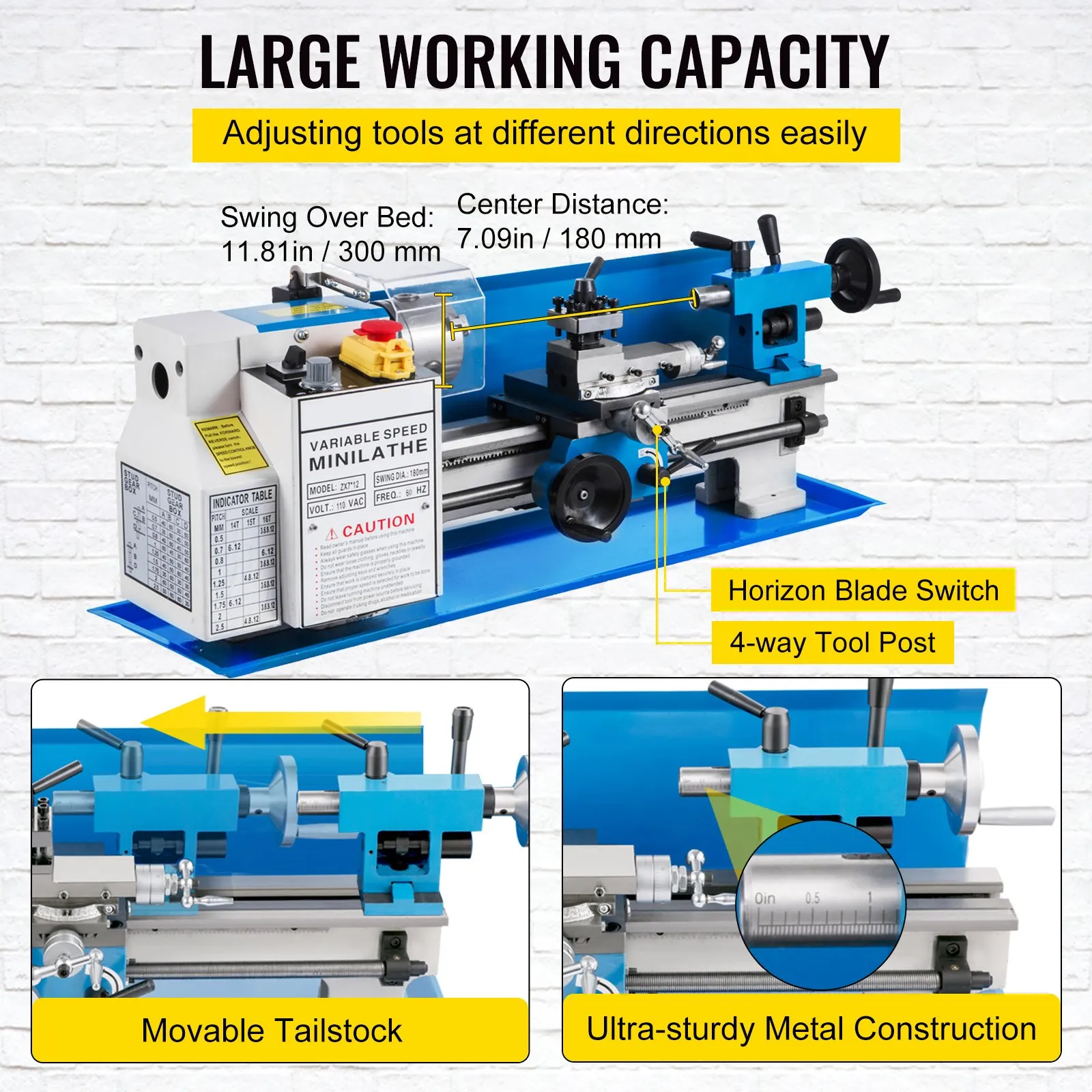 VEVOR Metal Lathe 7"x12",Precision Bench Top Mini Metal Lathe 550W, Metal Lathe Variable Speed 50-2500 RPM Nylon Gear With A Movable Lamp for Precision Parts Processing