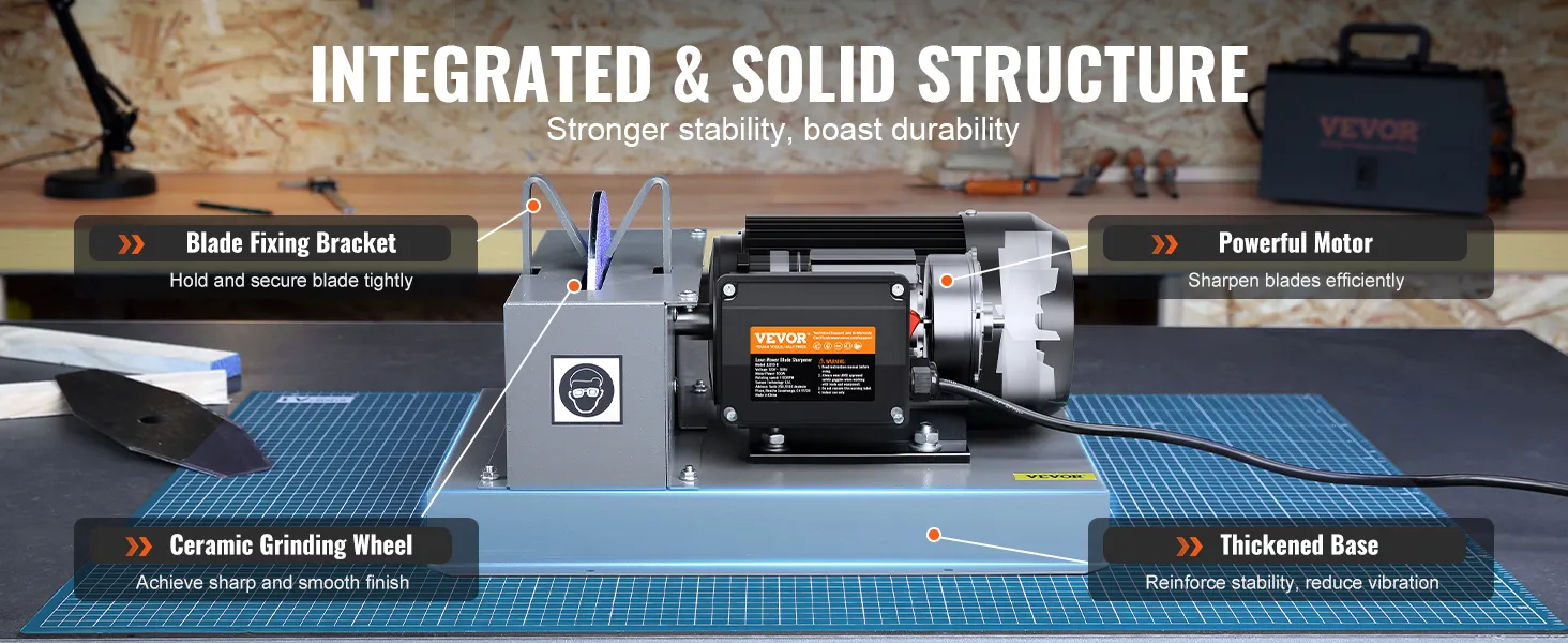 VEVOR lawn mower blade sharpener with integrated structure, powerful motor, and ceramic grinding wheel.