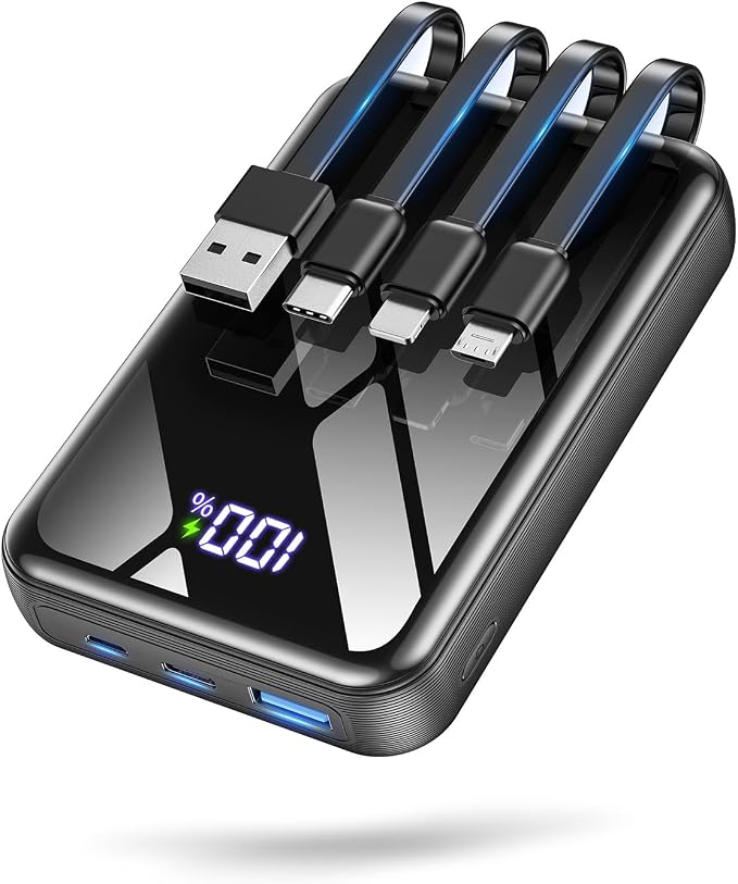 Portable Charger Power Bank 50000mAh, 22.5W Fast Charging Portable Charger with Built-in Cables, Travel Camping 4 Outputs External Battery Pack, LED Display