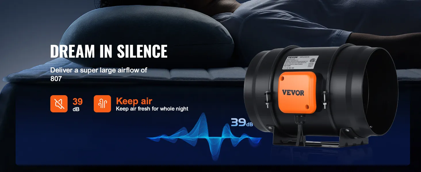VEVOR inline duct fan promoting quiet operation at 39 db and strong airflow, enhancing sleep quality.