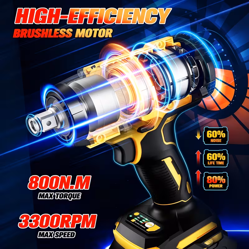 无绳冲击扳手 - 590ft-lbs (800n.m) 无刷 1/2 英寸,3300rpm 高扭矩冲击枪,2个 4.0ah 电池,充电器和配件可选 7 个套筒,电动冲击扳手,适用于汽车家居 商品详情 3