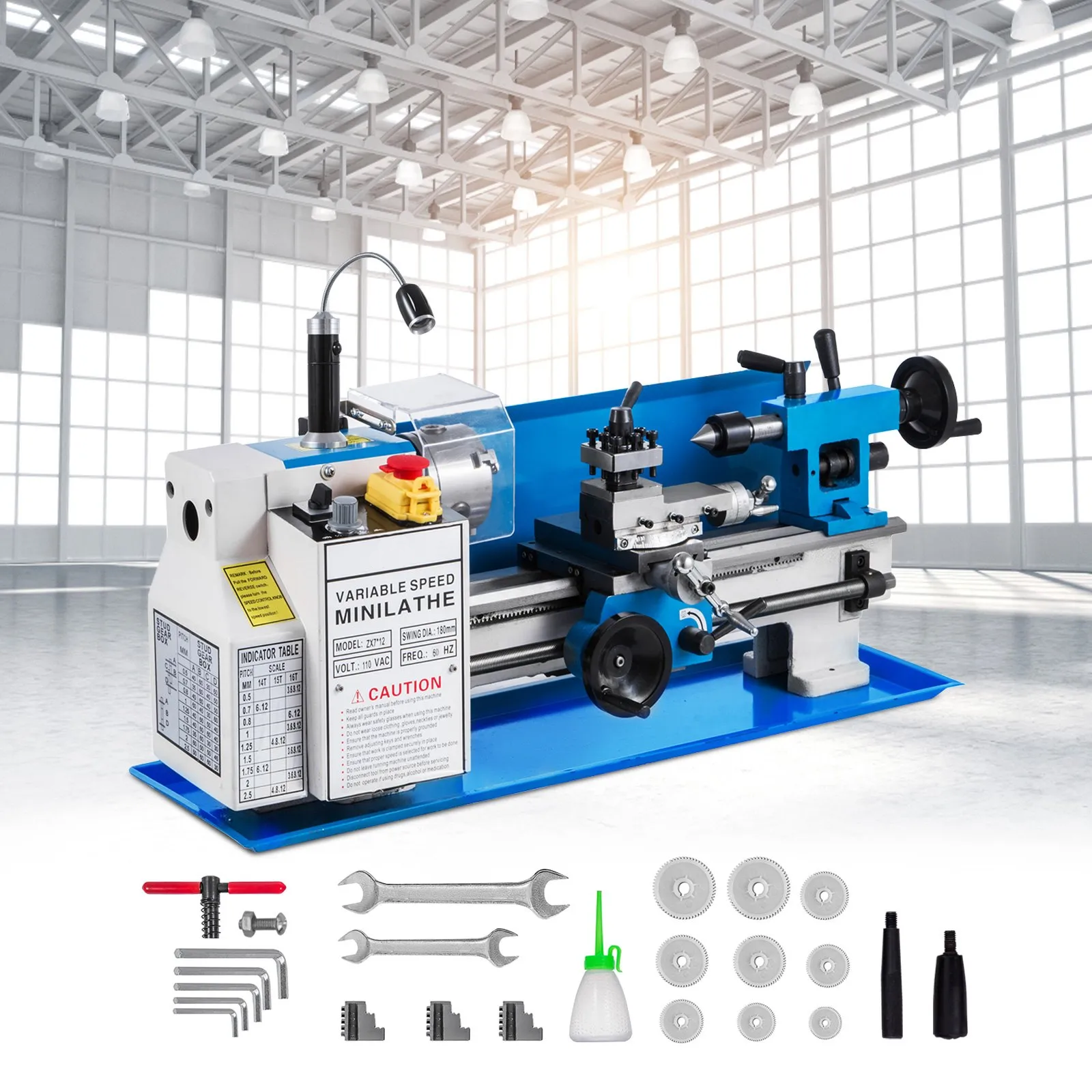 VEVOR Metal Lathe 7"x12",Precision Bench Top Mini Metal Lathe 550W, Metal Lathe Variable Speed 50-2500 RPM Nylon Gear With A Movable Lamp for Precision Parts Processing