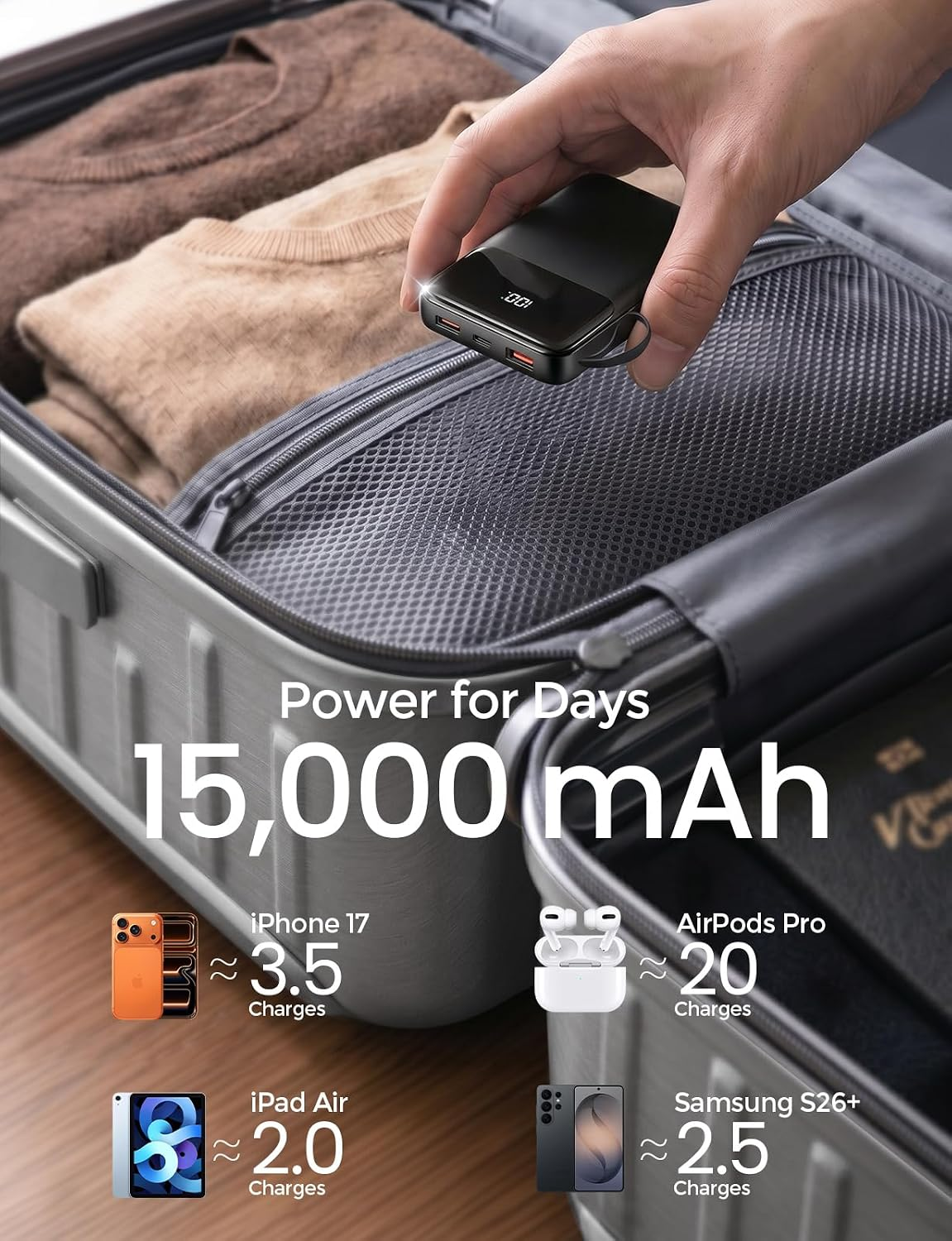 15000mAh Portable Charger Power Bank, Smaller Built-in 4 Cables, 22.5W | 50% More Capacity, 45% Smaller, Slim Travel Essential Battery Pack, 30-Min Fast Charge to 50%