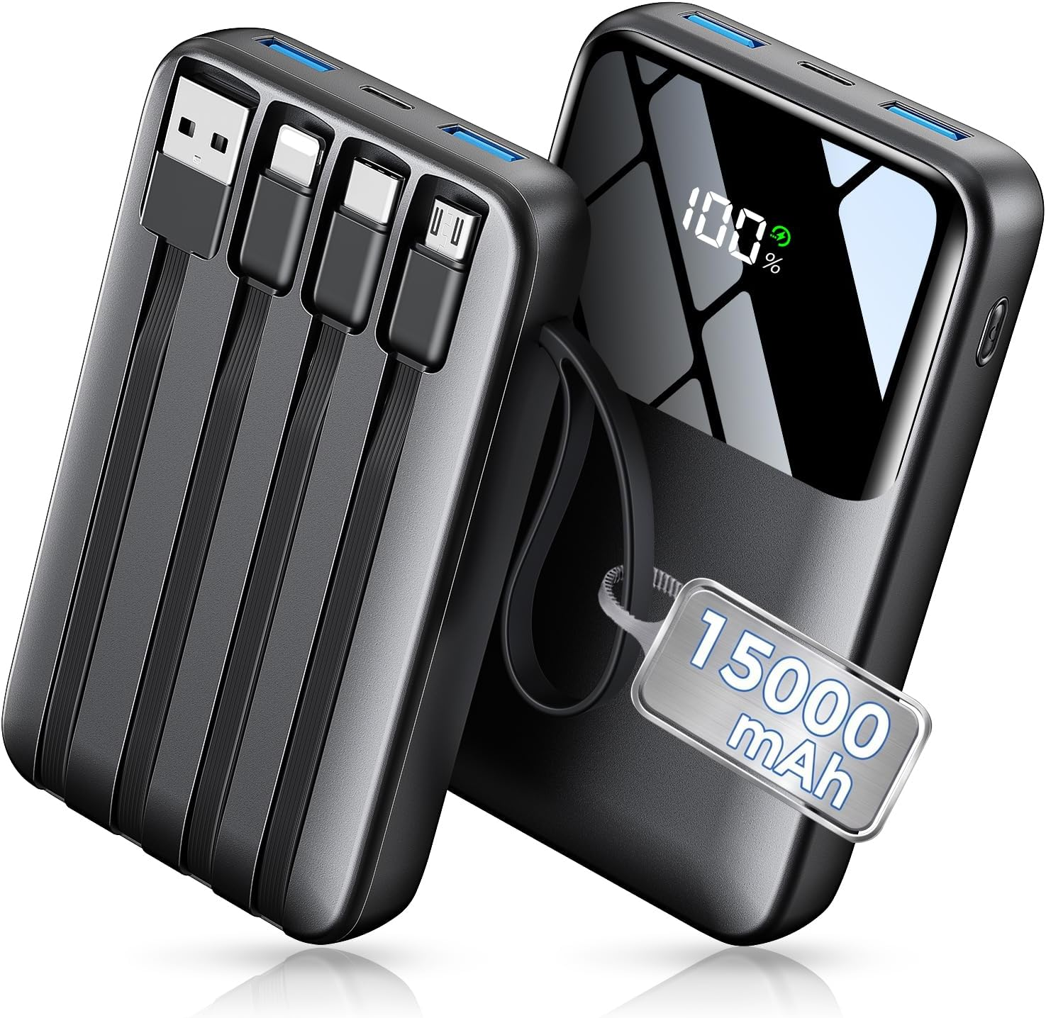 15000mAh Portable Charger Power Bank, Smaller Built-in 4 Cables, 22.5W | 50% More Capacity, 45% Smaller, Slim Travel Essential Battery Pack, 30-Min Fast Charge to 50%