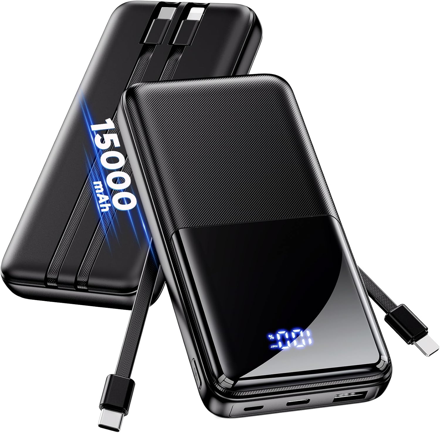 Portable Charger 15000mAh Slim Power Bank with Built in Cables | 22.5W Fast Charge, Travel Essential, 50% Larger Capacity USB C Battery Pack