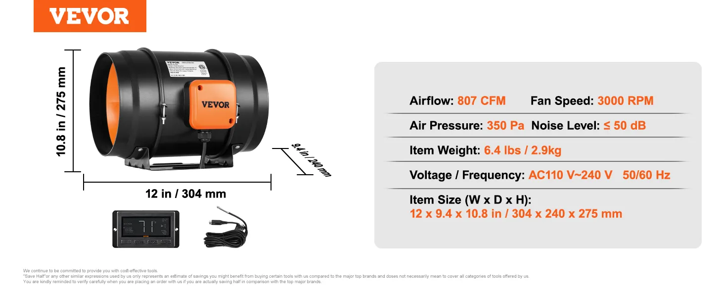 VEVOR inline duct fan gx-08-200 with 807 cfm airflow, 3000 rpm speed, and 350 pa pressure.