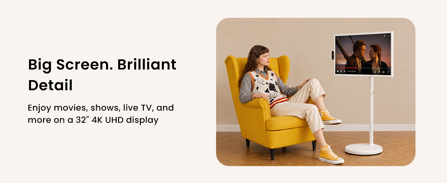 32 inch 4K UHD touchscreen portable TV for streaming, workouts, and video calls