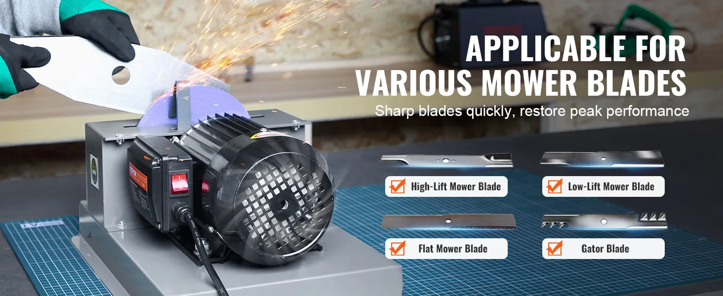 VEVOR lawn mower blade sharpener in use, sparks flying, compatible with various mower blades.