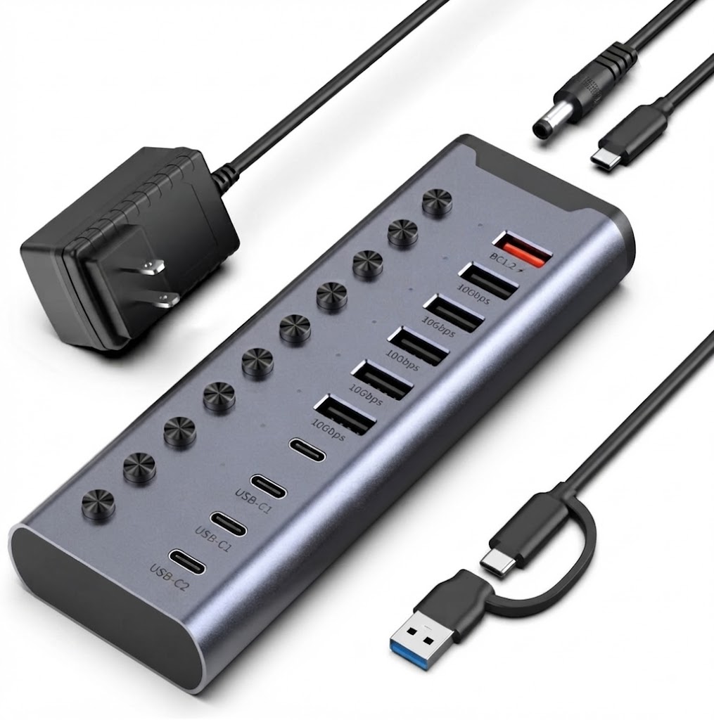 Powered USB Hub, Individual Switches and 24V/3A Power Adapter