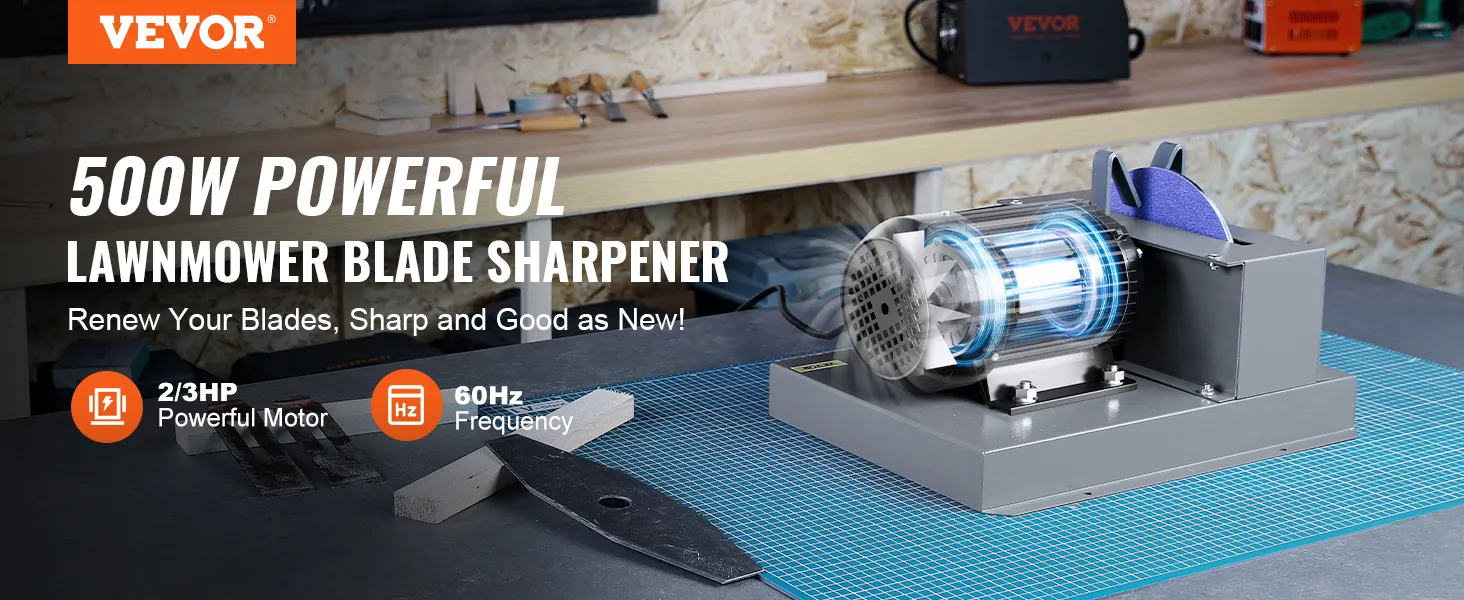 VEVOR 500w lawnmower blade sharpener with 2/3hp motor in a workshop setting.