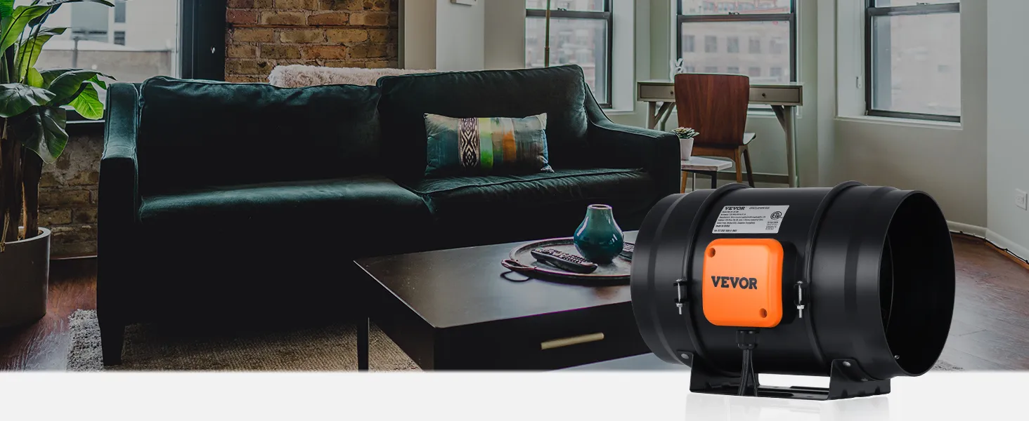 VEVOR inline duct fan in a modern living room with a green sofa, coffee table, and large windows.