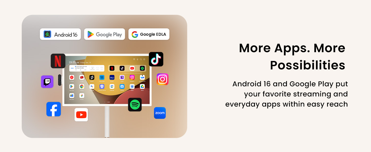 Android 16 smart portable TV with Google Play, streaming apps, and 256GB storage