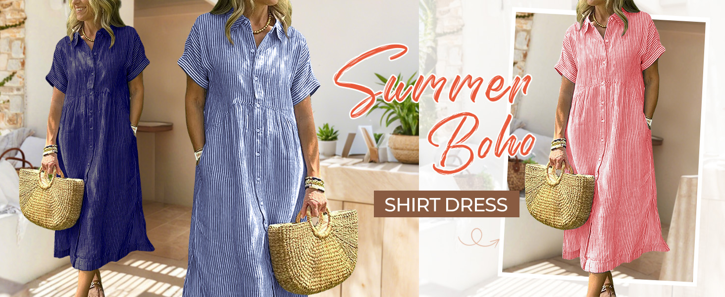 Women's Loose Midi Striped Shirt Dress