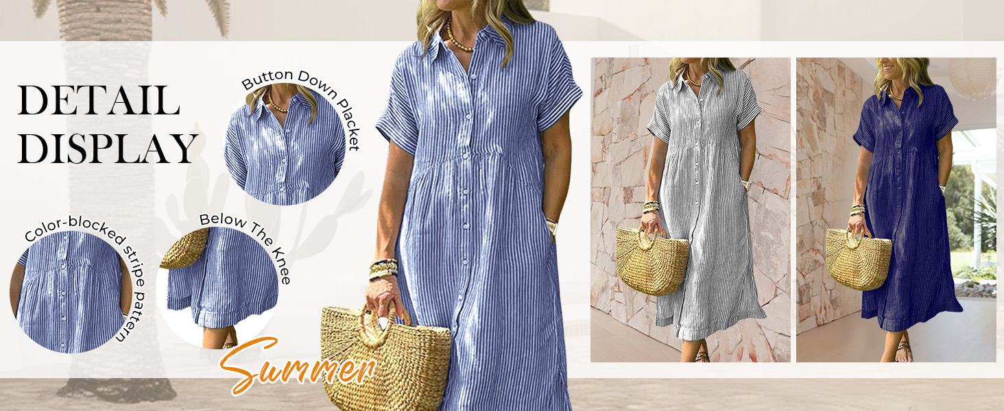Women's Loose Midi Striped Shirt Dress