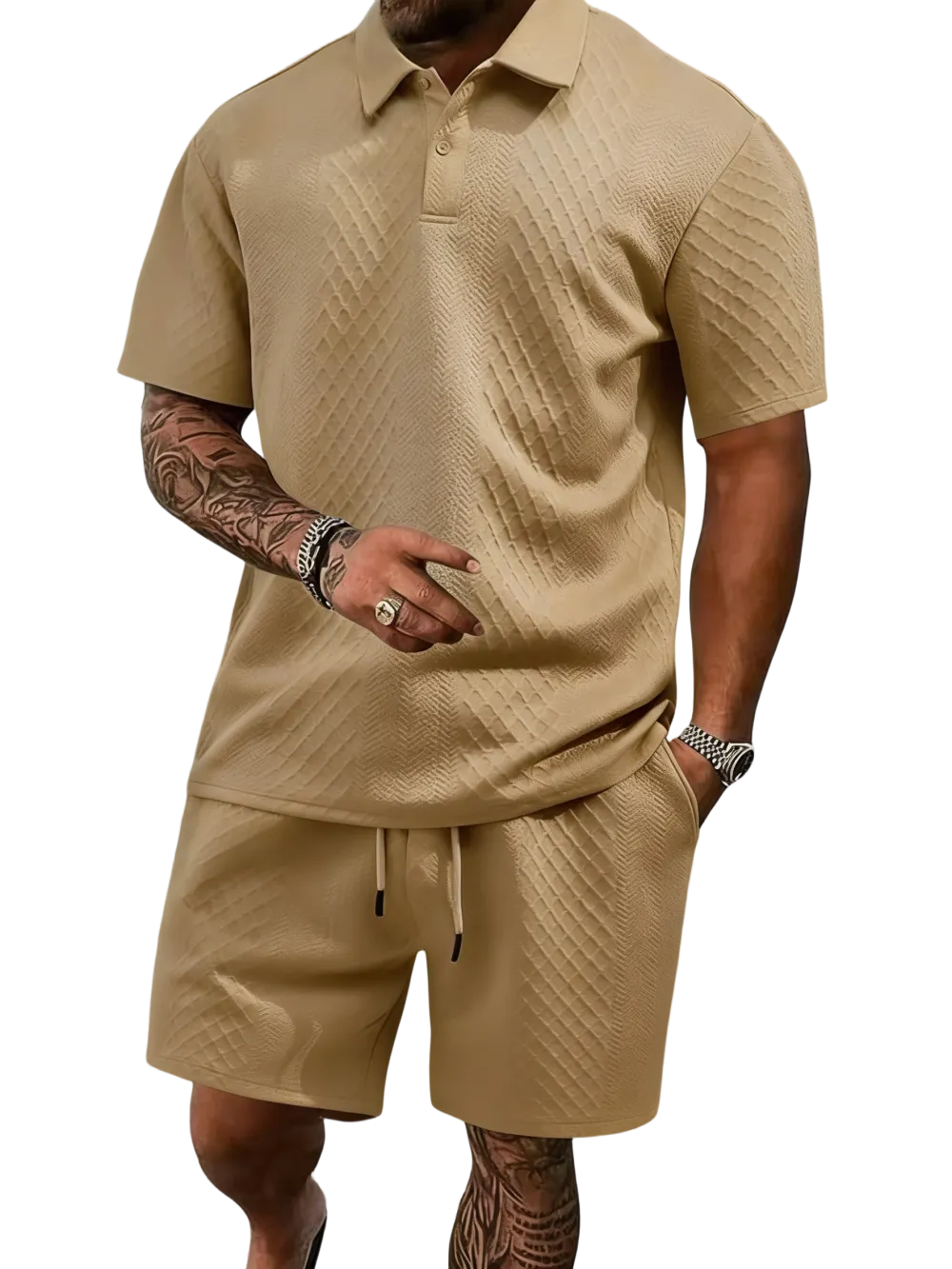 Men's Summer Casual Textured Polo Shirt and Shorts Two-Piece Set
