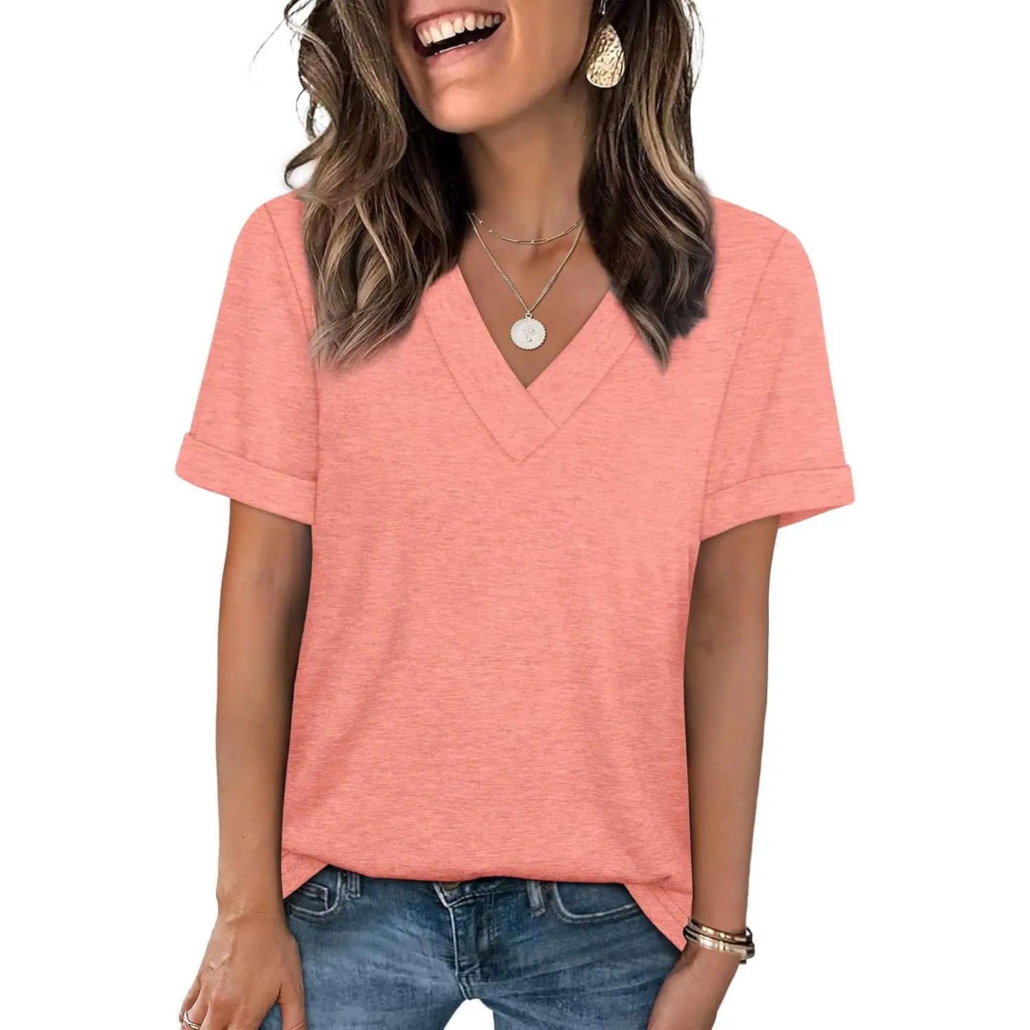 Women's Sleeve Basic Casual V Neck Tops Short