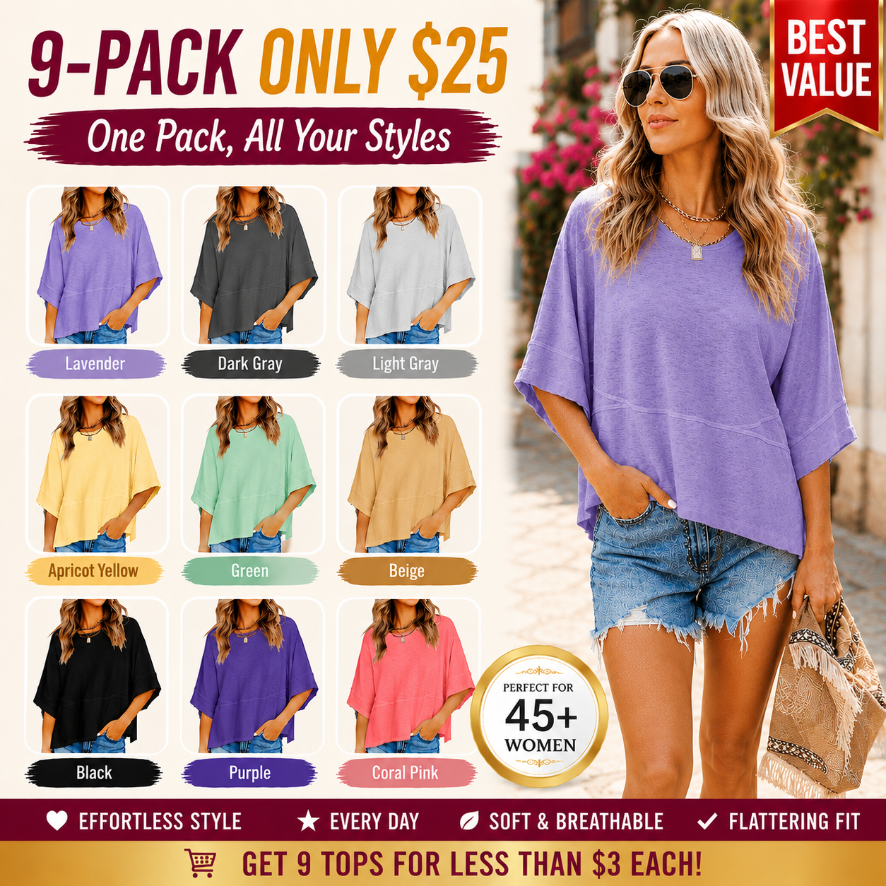 Women's Summer Casual Crewneck Batwing Half Sleeve Tee
