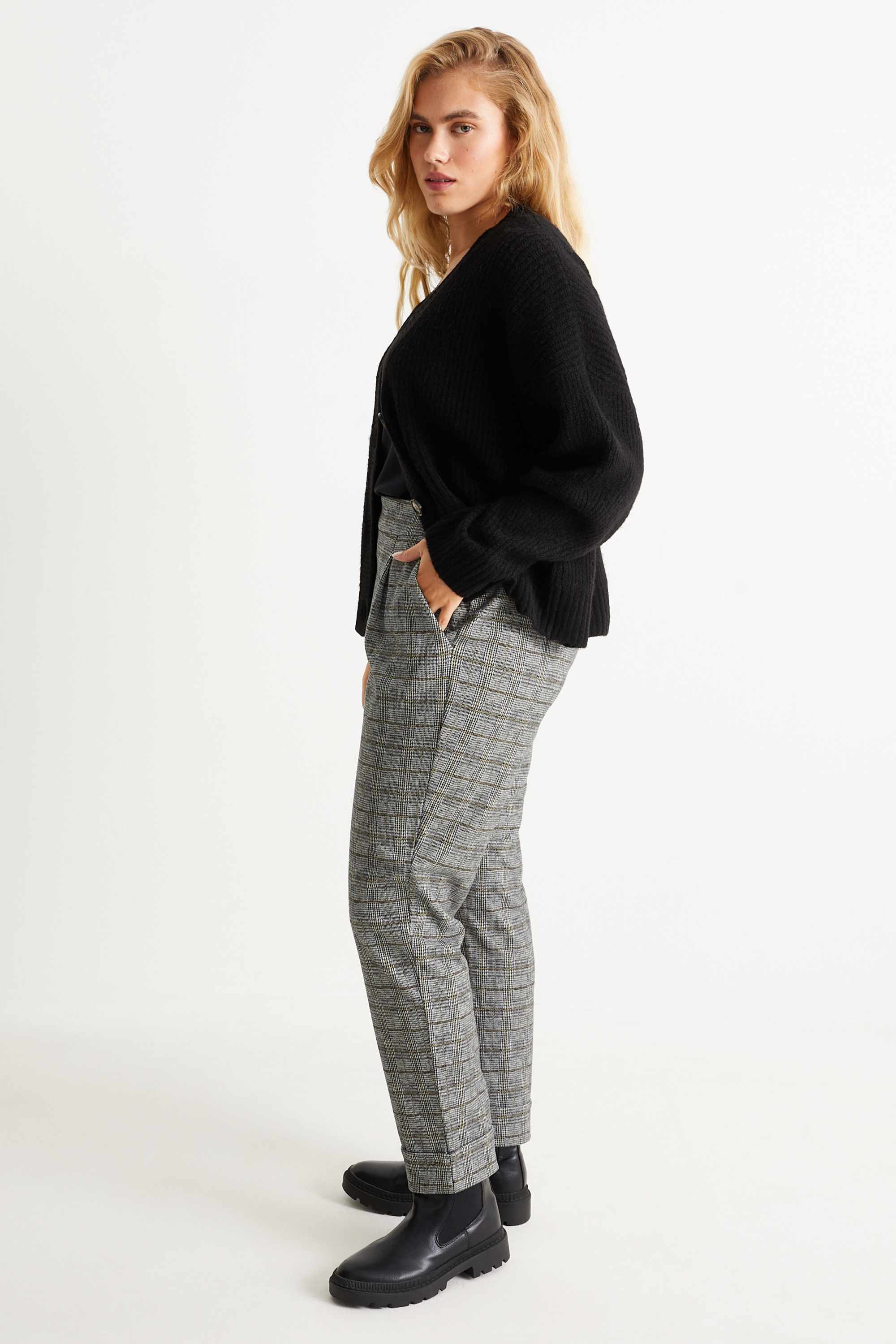 Cloth trousers - high-rise waist - tapered fit - check gray
