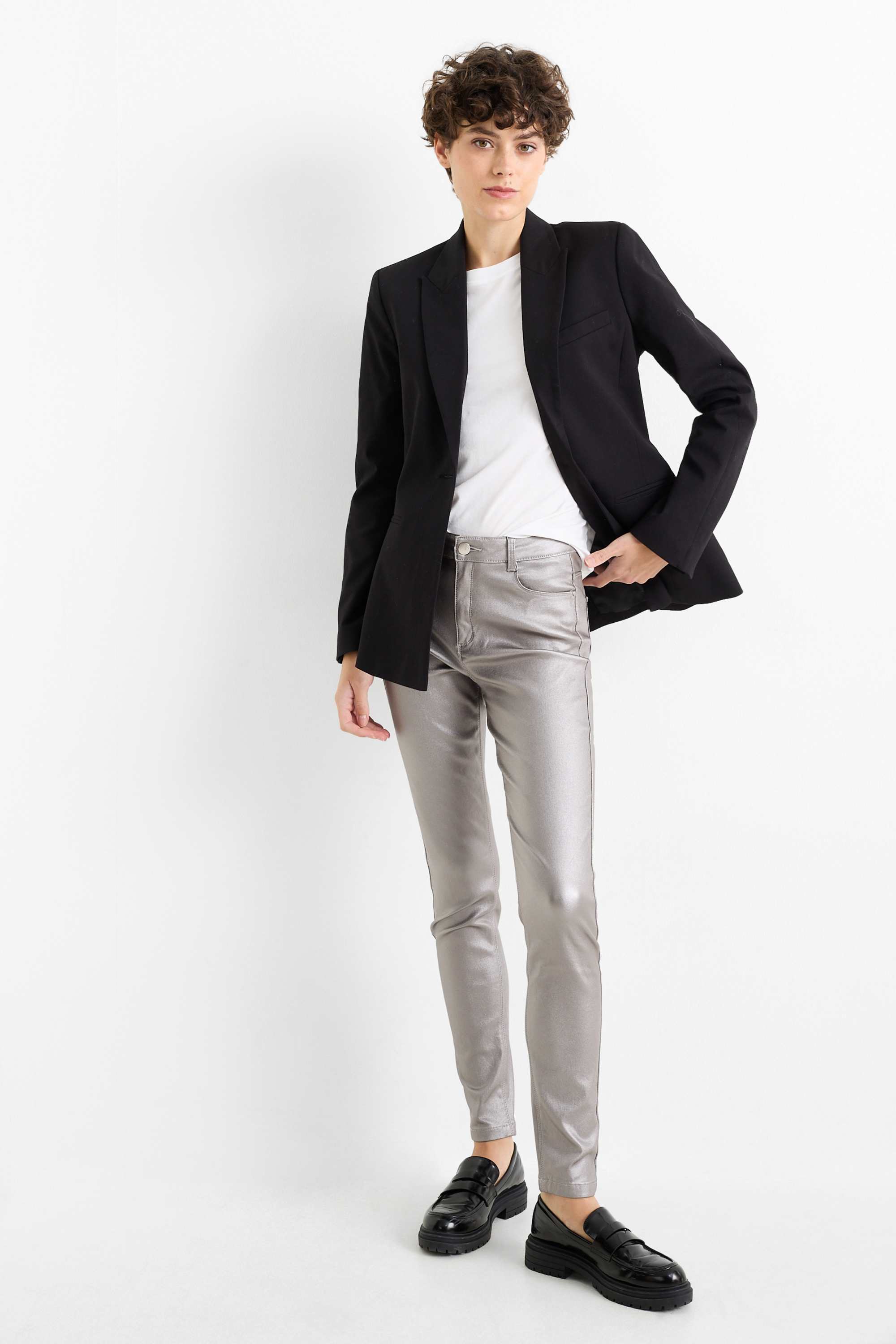 Trousers - high waist - skinny fit - shiny silver