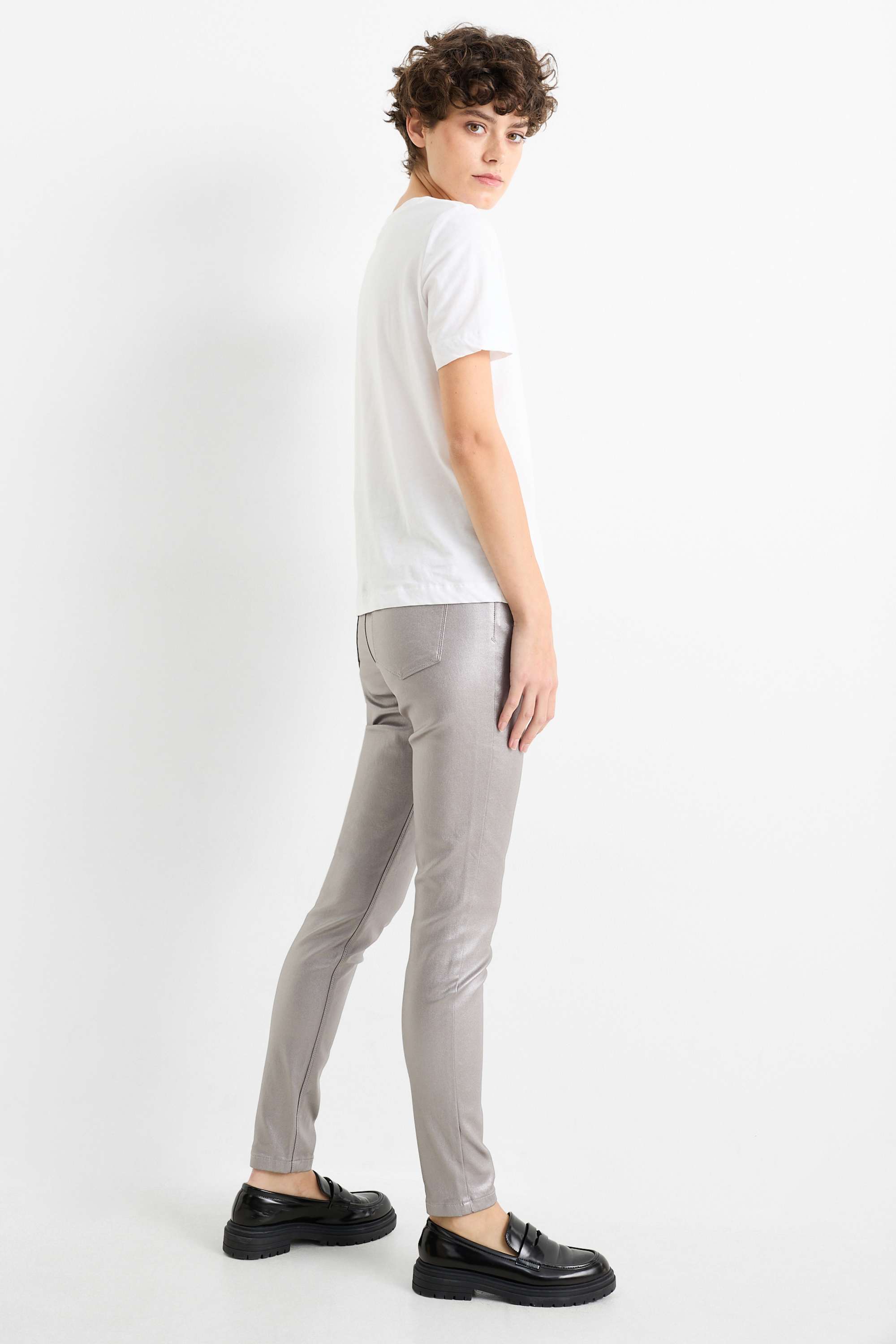 Trousers - high waist - skinny fit - shiny silver