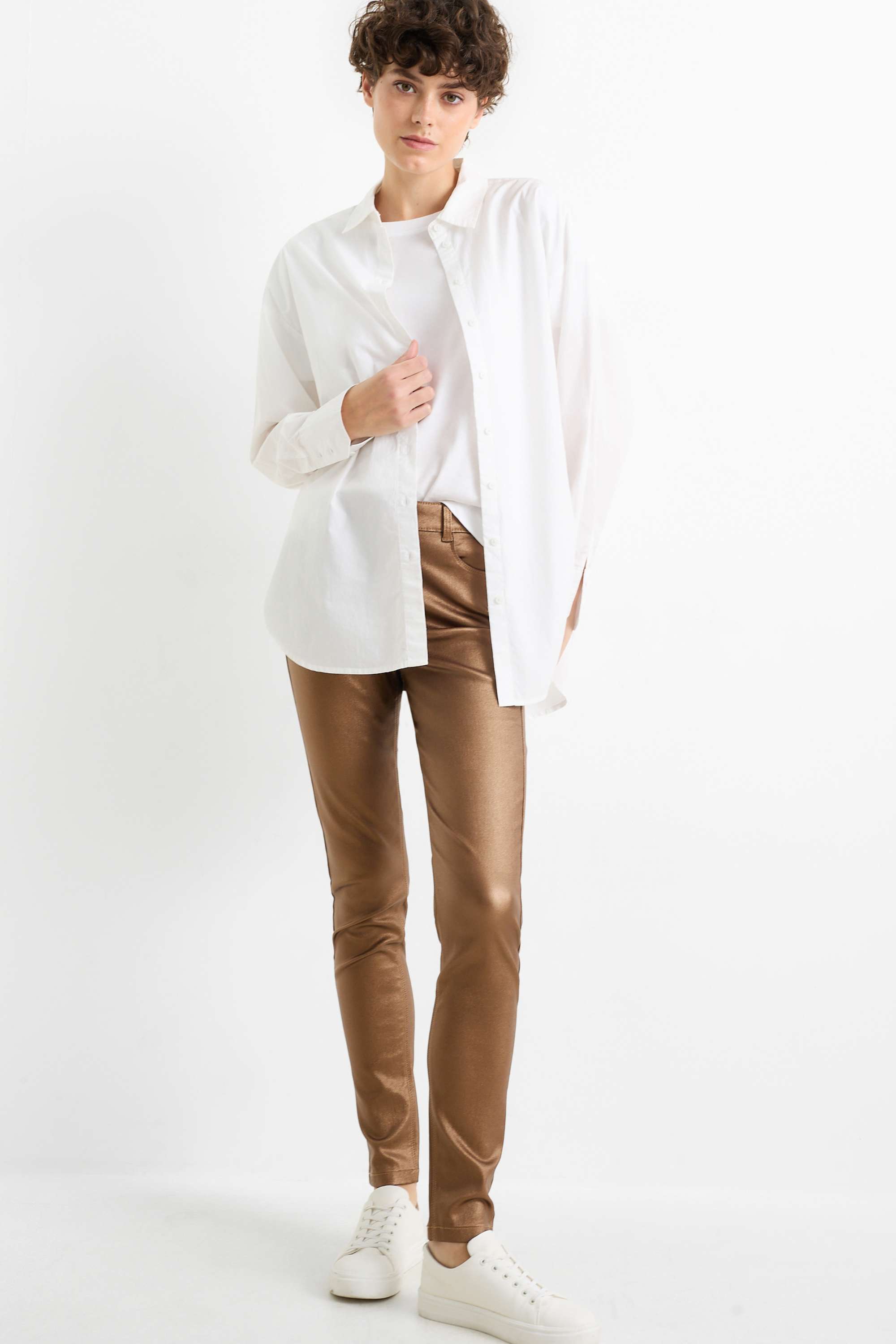 Trousers - high waist - skinny fit - shiny gold